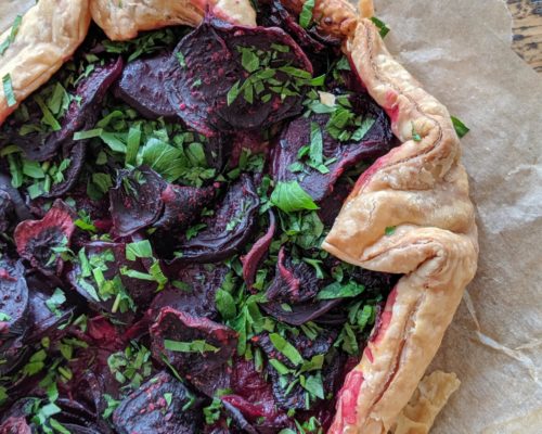 Beetroot and courgette tart
