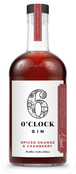 Bottle of 6 O'Clock spices orange and cranberry gin