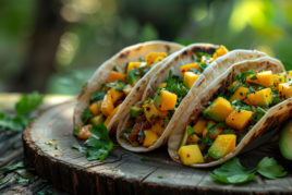 Pulled jerk chicken and mango salsa tacos