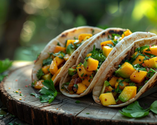 Pulled jerk chicken and mango salsa tacos